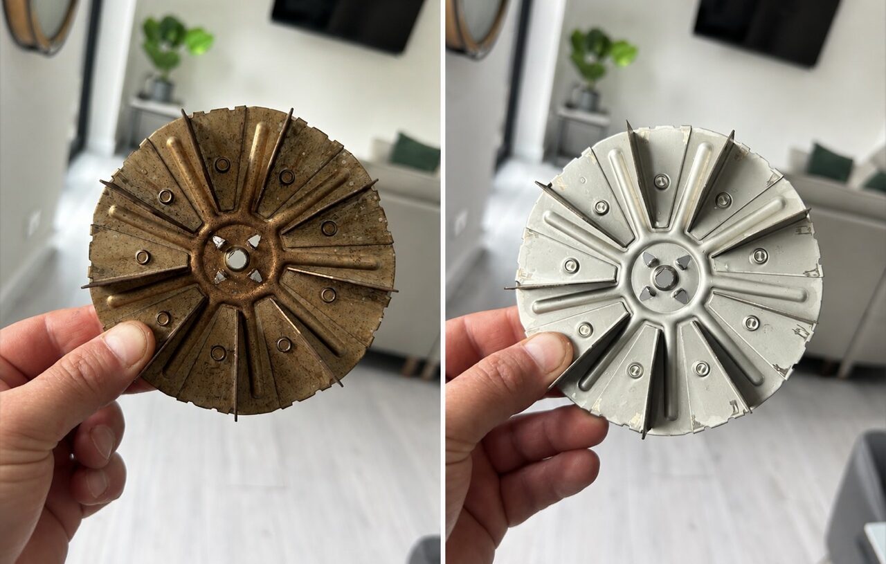 Before and after oven cleaning result showing a dirty oven part transformed by a precision clean